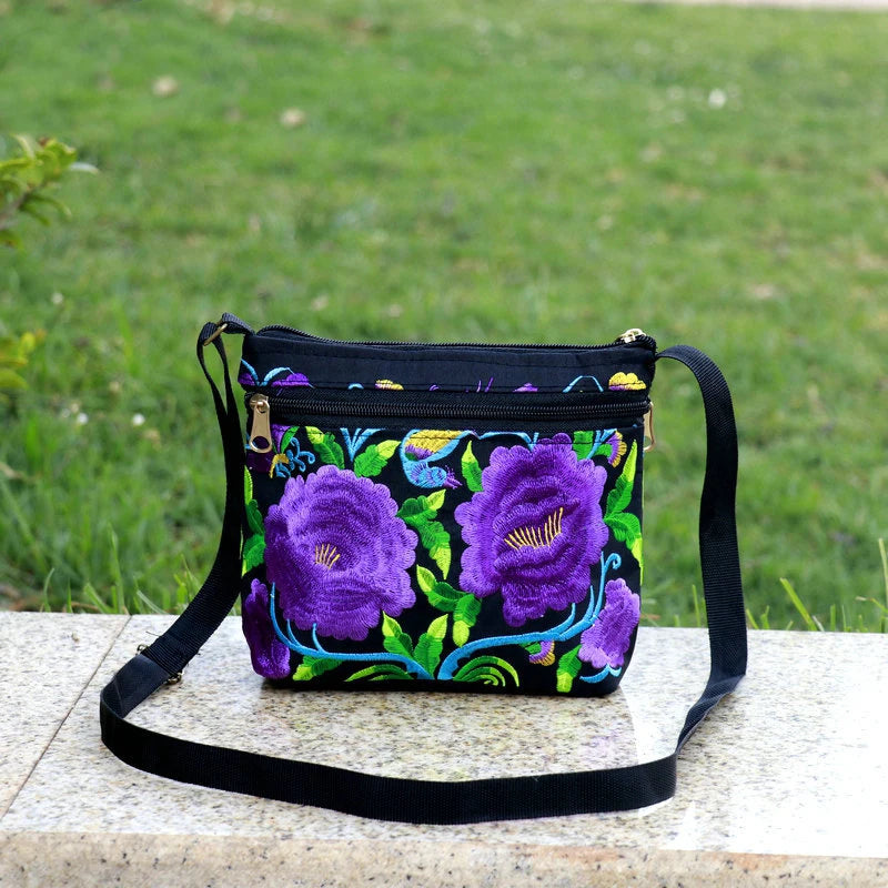 New Ethnic Style Embroidery Bag Three Zipper Women Shoulder Crossbody Bag Small Handbags for Women Casual Canvas Travel Bags