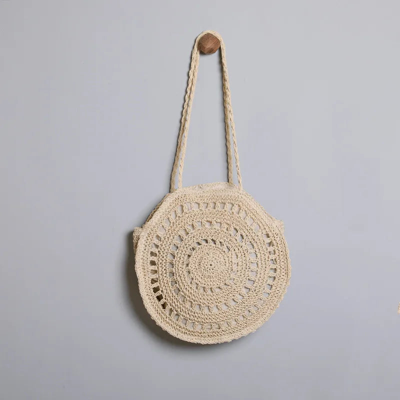 Summer Round Straw Bag Women Woven Rattan Beach Bag Hot New Shoulder Bag Circle Hollow Out Handle Bag Casual Shopper Tote Pouch