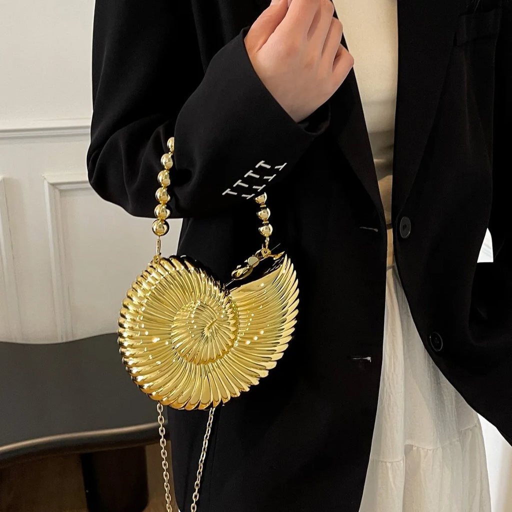 Golden Conch Shaped Shoulder Bag, Detachable Shoulder Strap, Lipstick Pouch, Elegant Shoulder Bag, Suitable For Evening Outings