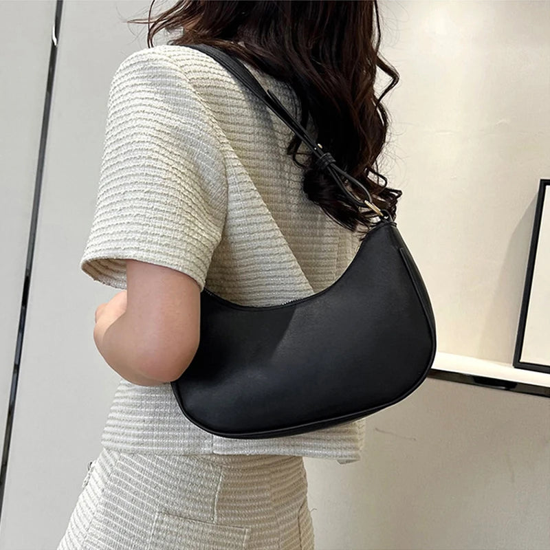 Womens Fashion Handbags Retro Solid Color Pu Leather Bag Half Simple Color Underarm Shoulder Bag Moon Casual Purse