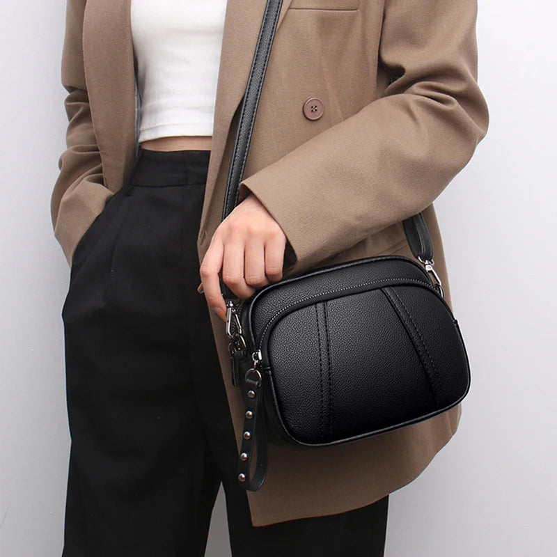 Solid Color Fashionable Rivet Zipper Women's Mobile Phone Bag Simple Soft PU Leather Shoulder Crossbody Small Square Handbag