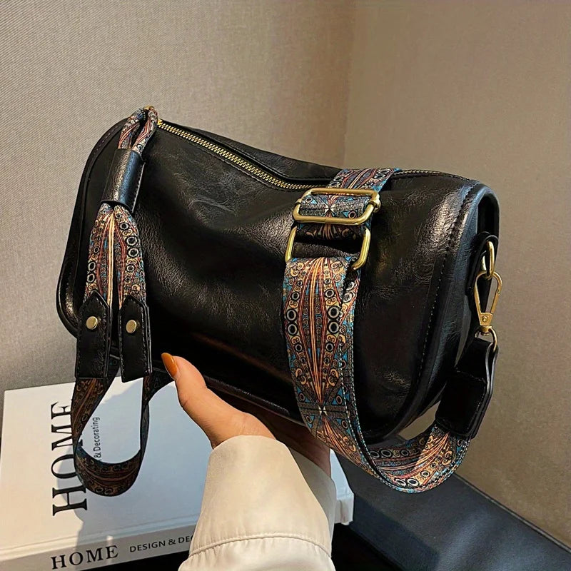 Graphic Pattern Zipper Crossbody Bag, Stylish Shoulder Bag With Wide Strap, Large Capacity Daily Purse
