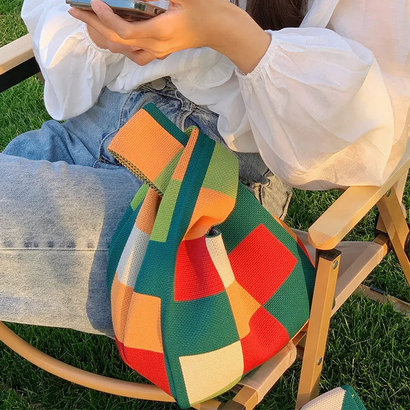 Luxury Design Stripe Knitted Small Handbag and Purse Fashion Korean Trendy Travel Shoulder Bag Wrist Bag Summer Shopper Tote