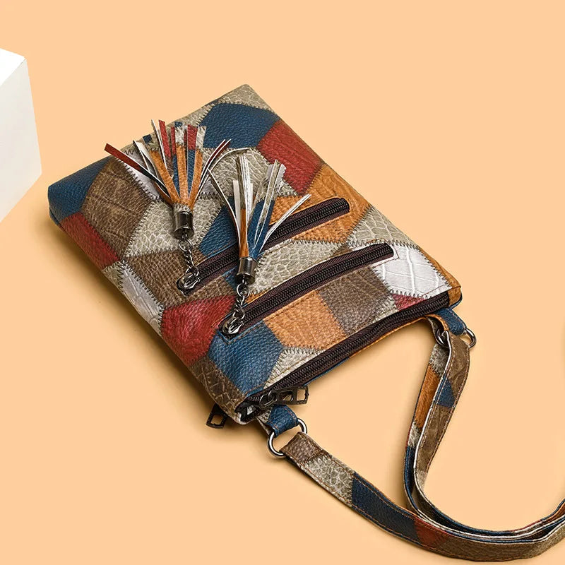 Retro PU Soft Leather Multi Pocket Handbag Shoulder Bag with Color Blocking Plaid Tassel Cross Bags, Mobile Phone Messenger Bag