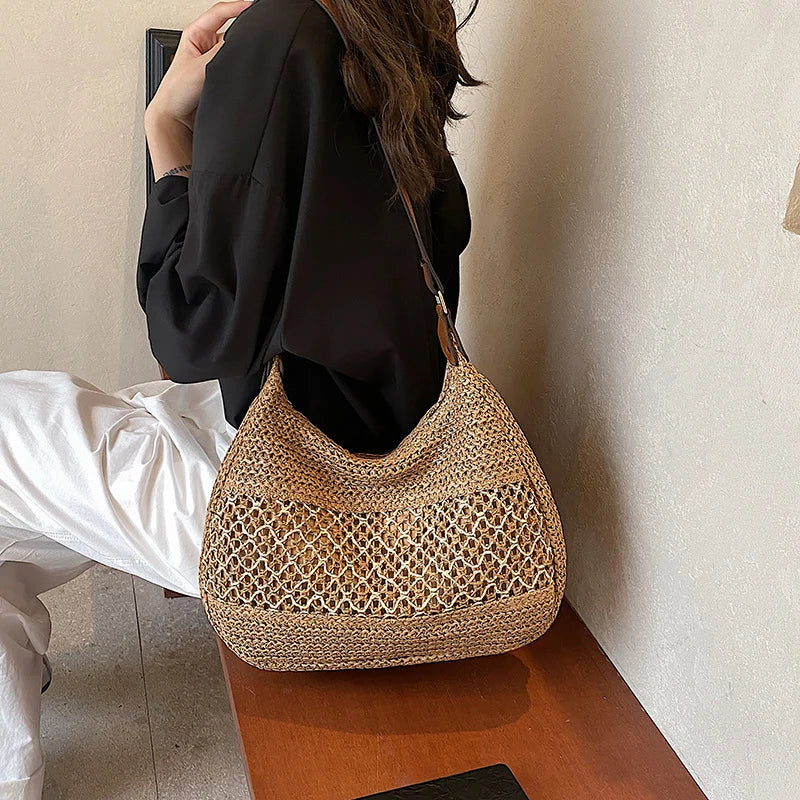 Women Hollow Shoulder Bag Large Capacity Straw Weaving Travel Handbag Adjustable Strap Shopper Tote Bag