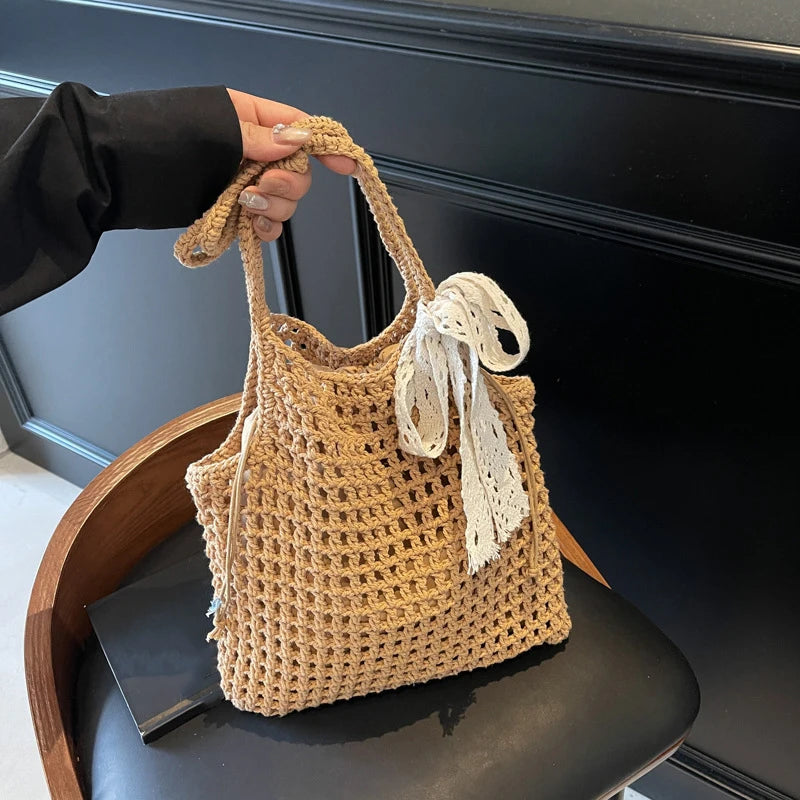Summer Hollow Woven Shoulder Bags Women's New Casual Beach Bag Versatile Lace Design Commuting Shoulder Tote Bag