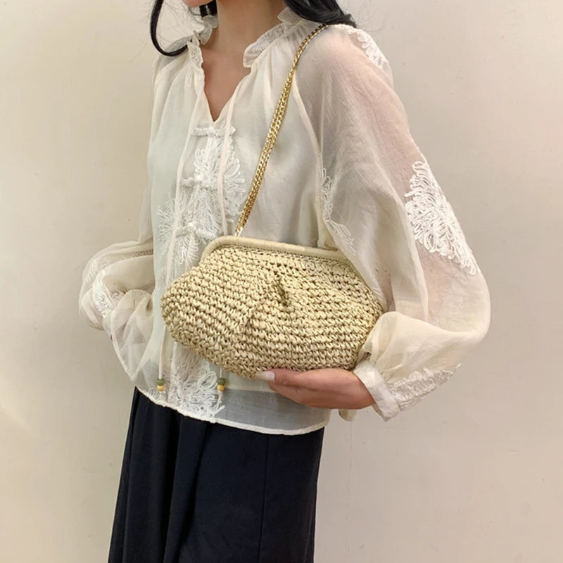 Straw Dumpling Clutch Bag Woven Straw Tote Clutch Purse For Women Summer Beach Bag Wicker Clutch Straw Purses For Women