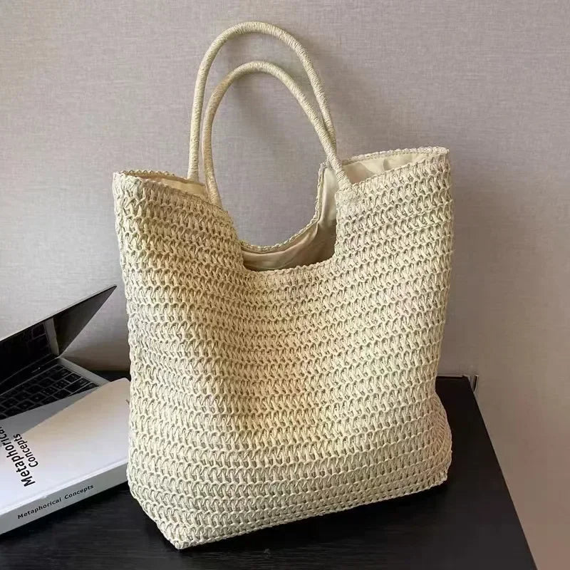 Straw Woven Tote Bag Large Capacity Shoulder Bag Versatile Knit Handbag Storage Bags For Women Stylish Vacation Beach Shopping