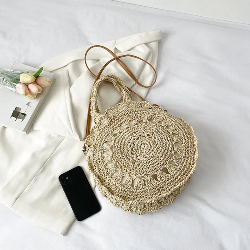 Bohemian Straw Bags for Women Circle Beach Handbags Summer Rattan Shoulder Bags Handmade Knitted Travel Big Totes Bag New