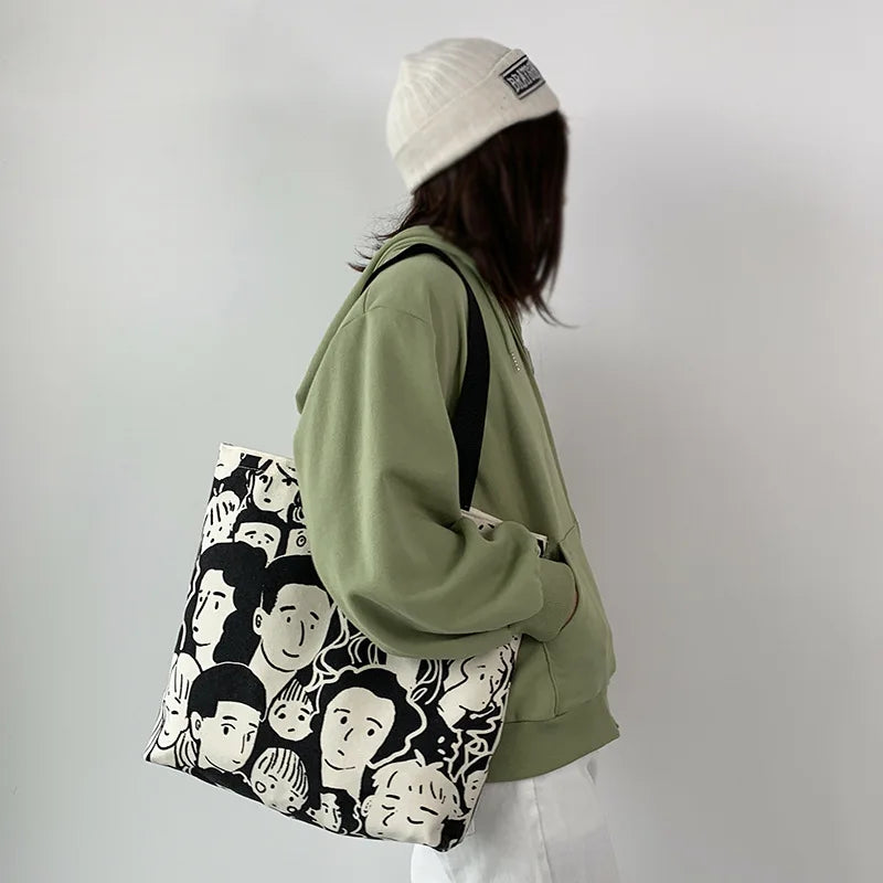 Teen Youth Pattern Canvas Bag, Large Capacity Female Single Handbag Shoulder Bag, Student Literary Artistic Simple Shopping Bag
