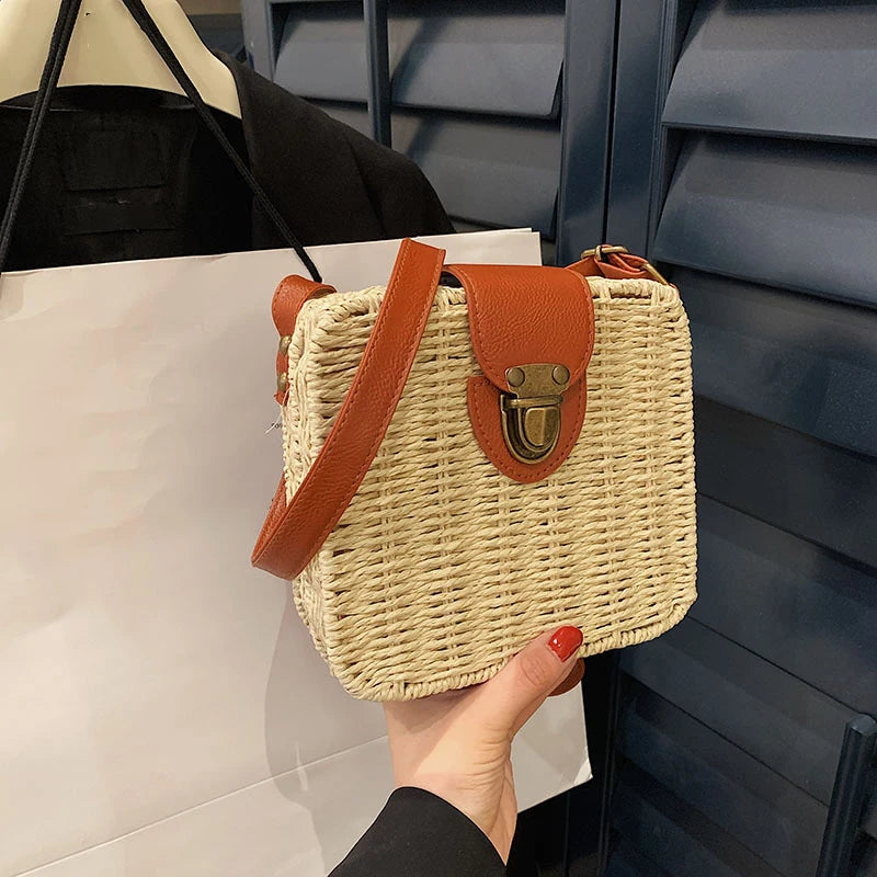 Straw Crossbody Bag For Women Bohemian Small Knitting Summer Purse And Handbag Vacational Square Beach Bags