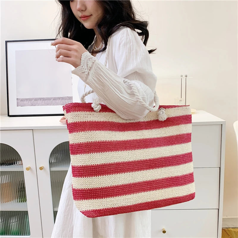 Women Straw Shoulder Bag Color Contrast Beach Handbag Large Capacity Simple Shoulder Bag Ladies Summer Daily Bag