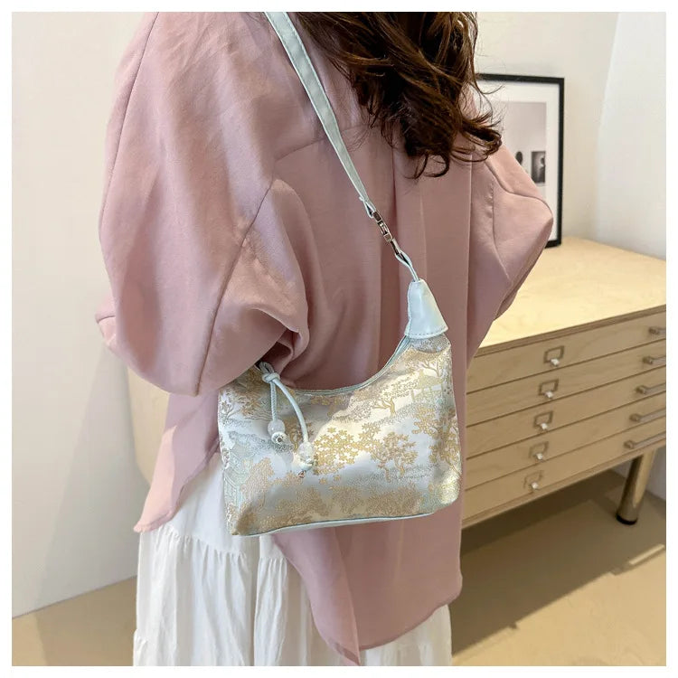 Fashionable Chinese Handbags Fashion Trend Single Shoulder Bag Light Simple Crossbody Bag Random Printed Satin Women's Tote Bag