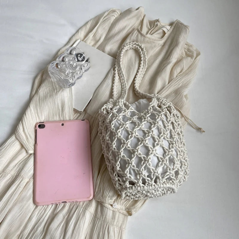 Ladies Summer Bucket Shoulder Bag Phone Purse Handmade Hollow Out Cotton Rope Crochet Bag Small Handbag For Women