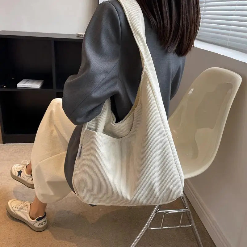 Causal Shoulder Bags for Women Corduroy Reusable Shopping Totes Large Capacity Female Travel Top Handle Handbag Girls Books Pack