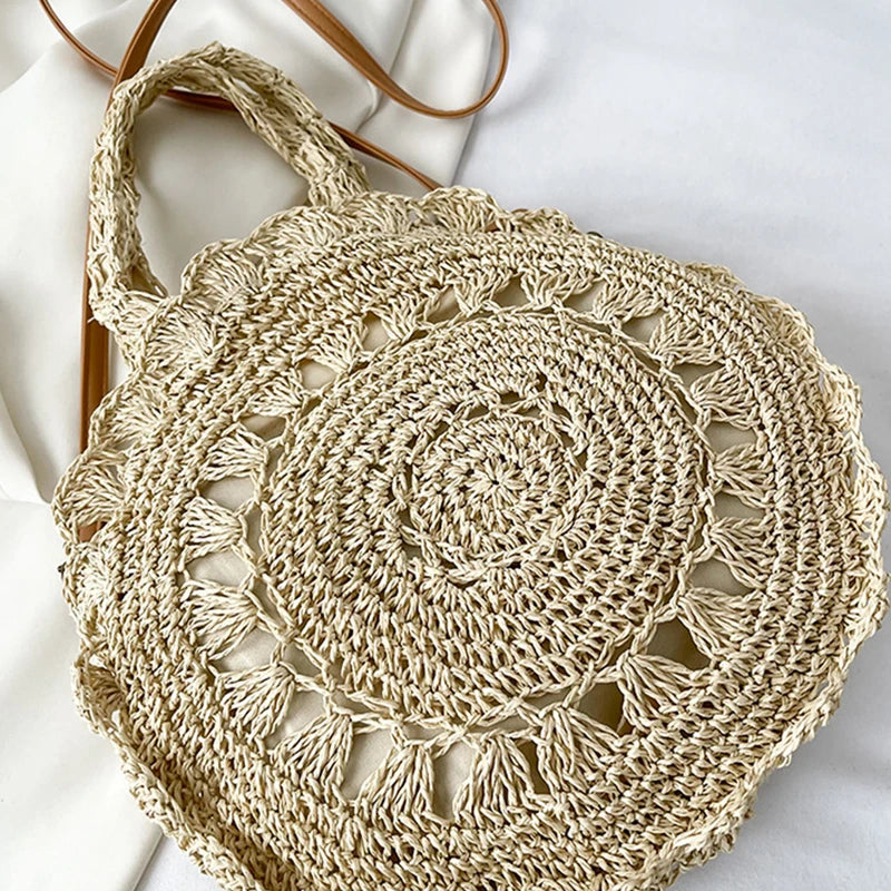 Bohemian Straw Bags for Women Circle Beach Handbags Summer Rattan Shoulder Bags Handmade Knitted Travel Big Totes Bag New