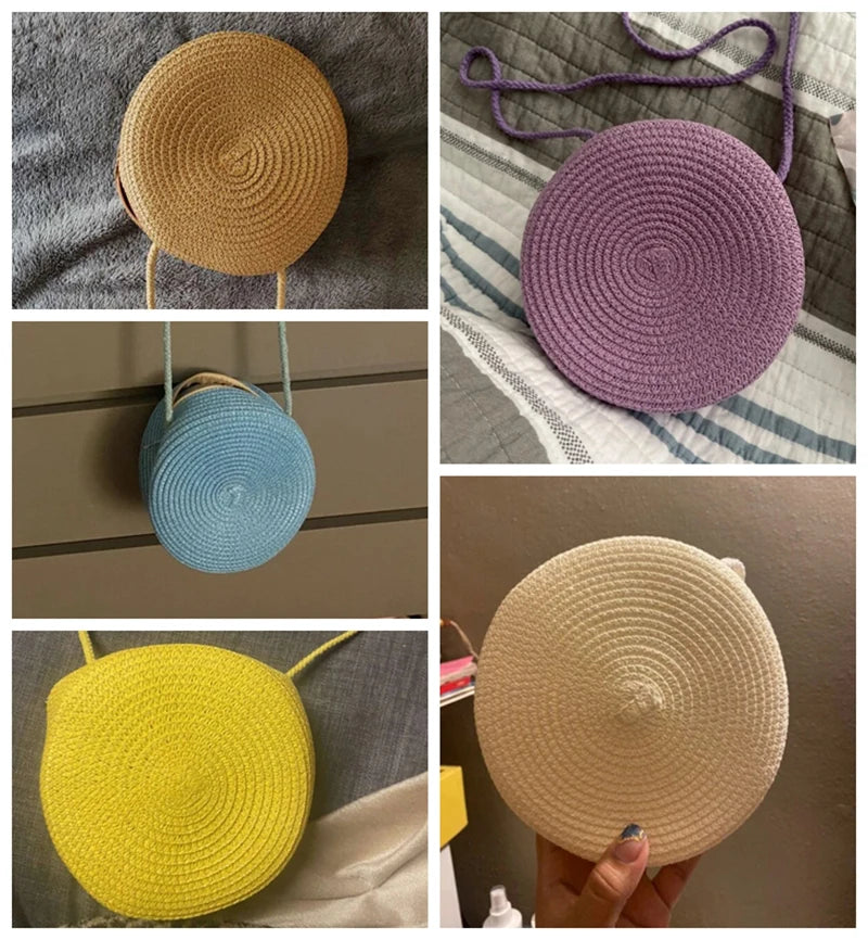 Round Straw Bag Women Woven Beach Crossbody Bag for Ladies Cute Shoulder Rattan Handmade Knitted Candy Color Small Handbag Bolsa