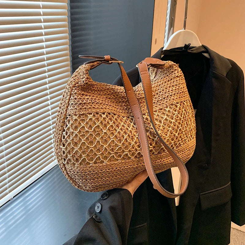 Women Hollow Shoulder Bag Large Capacity Straw Weaving Travel Handbag Adjustable Strap Shopper Tote Bag