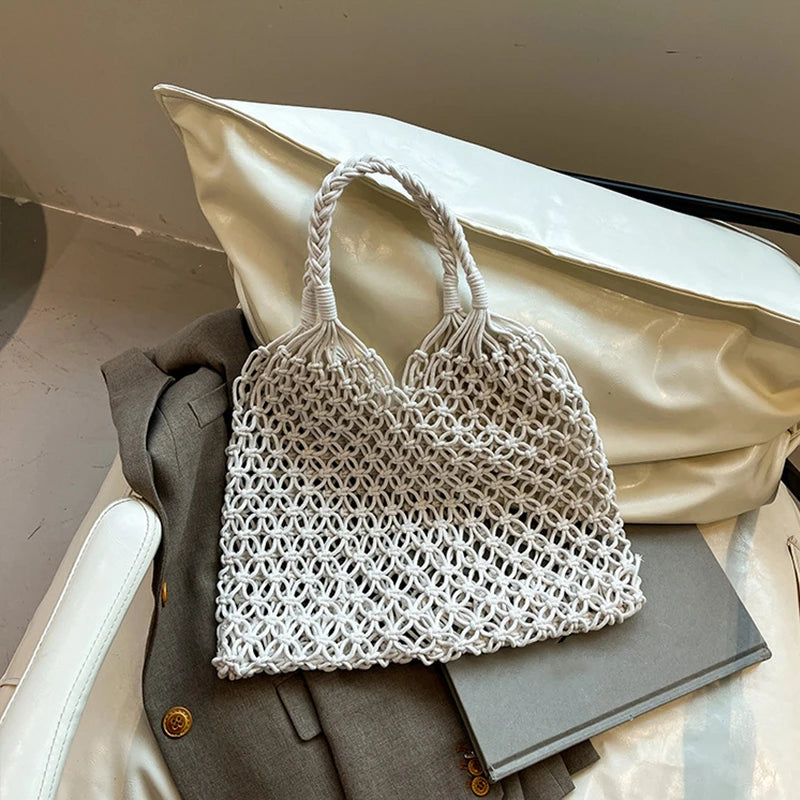 Hand-Woven Bag Women Handmade Hollow Handbag Female Shoulder Bag Big Capacity Summer Casual Travel Beach Tote Purse