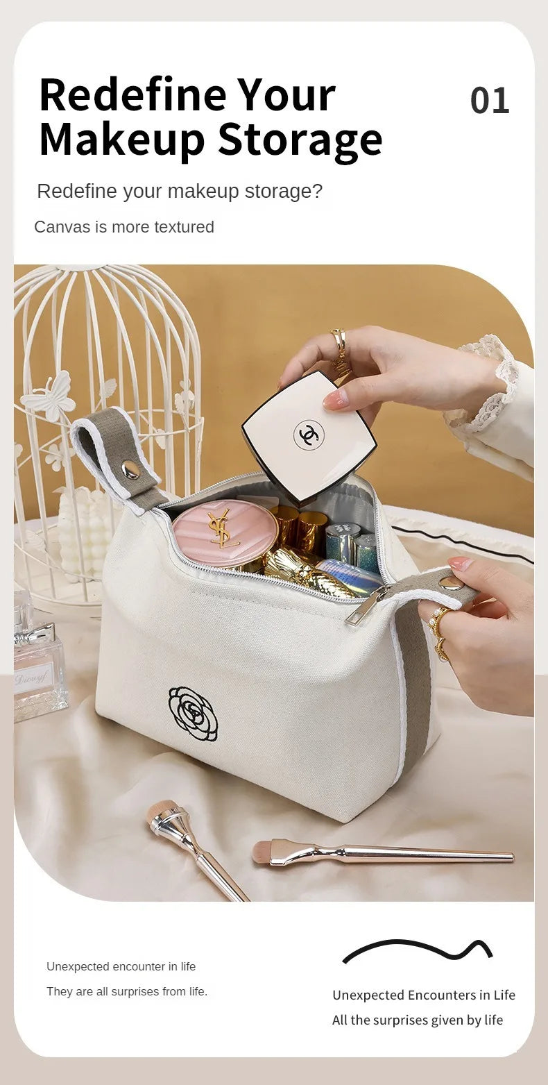Premium Handheld Portable Camellia Canvas Makeup Bag for Travel Large Capacity Toiletries Cosmetics Skincare Storage Bag