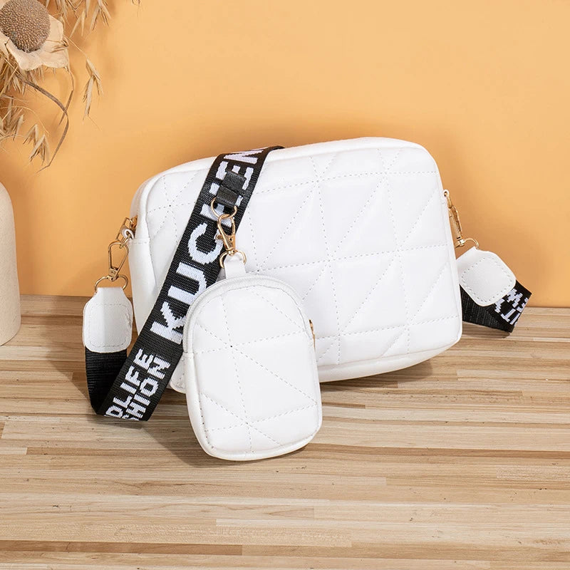New Solid Color Diamond Plaid Son And Mother Fashion Shoulder Bag Trendy Letter Wide Shoulder Strap Crossbody Small Square Bag