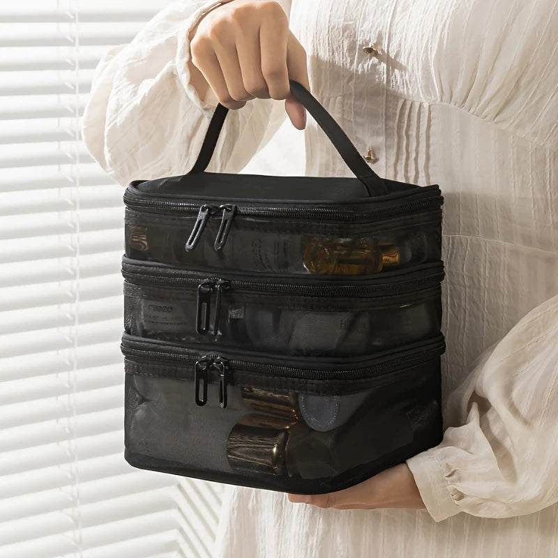 3-Layer Mesh Cosmetic Bags Large Capacity Foldable Travel Organizer Bag for Toiletries Cosmetics Makeup Case Bag