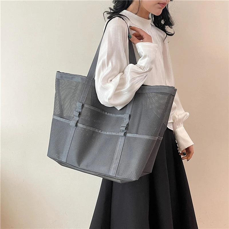 Portable Mesh Beach Bag For Women Makeup Travel Storage Wash Bag Summer Travel Swimming Bath Bag Organizer Shopper Totes