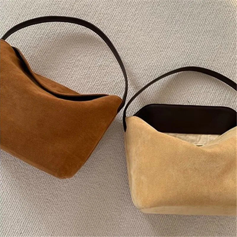 Retro Velvet Women's Bag, Splicing Handbag, Versatile Single Shoulder Armpit Bag with Magnetic Buckle Fashionable Matte Tote Bag