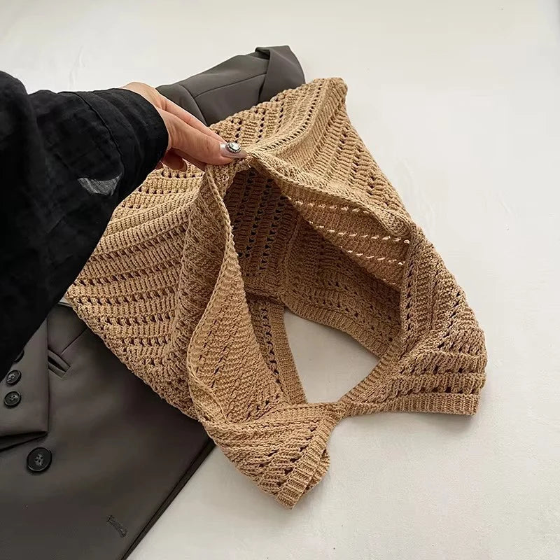 Brand Women Tote Knitting Handbag Triangle Design Woven Beach Bag Lightweight Elegant Portable Shoulder Bag Purse