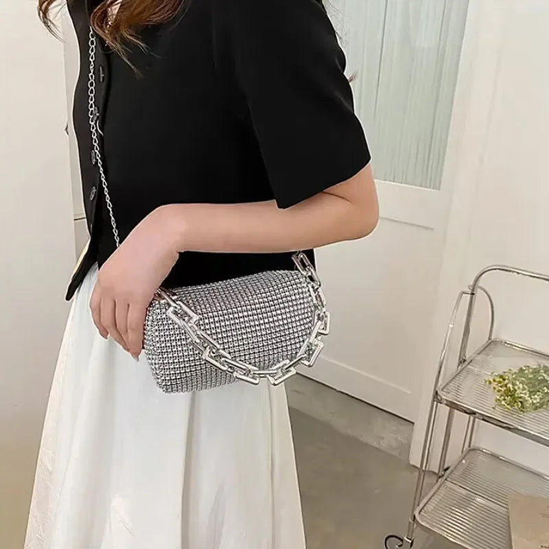 Full Version Rhinestone Bucket Tote Bag, Stylish Sparkling Chain Ball Pillow Shoulder Bag, Women's Mini Hand-Held Crossbody Bag