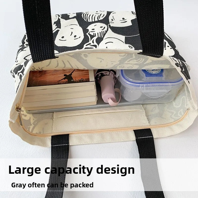 Teen Youth Pattern Canvas Bag, Large Capacity Female Single Handbag Shoulder Bag, Student Literary Artistic Simple Shopping Bag