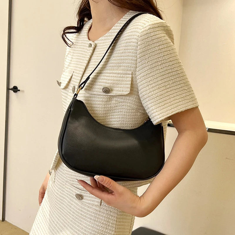 Womens Fashion Handbags Retro Solid Color Pu Leather Bag Half Simple Color Underarm Shoulder Bag Moon Casual Purse
