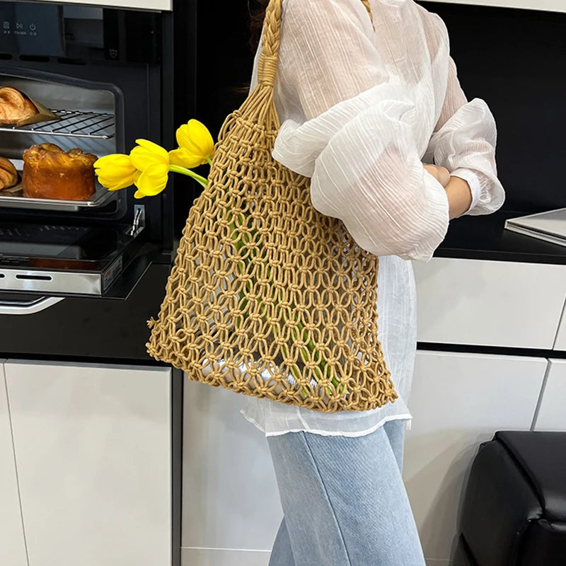 Hand-Woven Bag Women Handmade Hollow Handbag Female Shoulder Bag Big Capacity Summer Casual Travel Beach Tote Purse