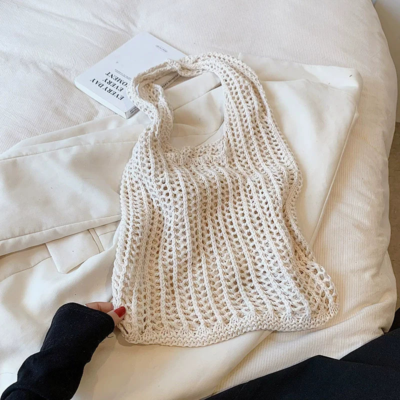 Summer Knitted Hollow Underarm Bag Women's Large Capacity Shopper Tote Bag Simple Design Casual Travel Handbags