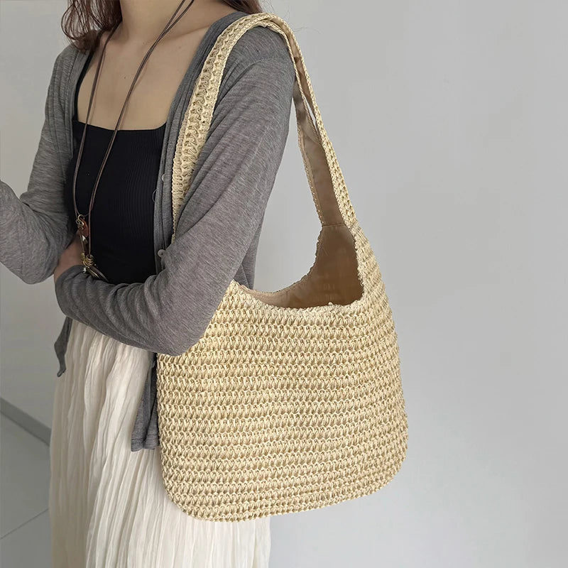 Fashion Straw Women Shoulder Bags Paper Woven Female Handbags Large Capacity Summer Beach Straw Bags Casual Tote Purses