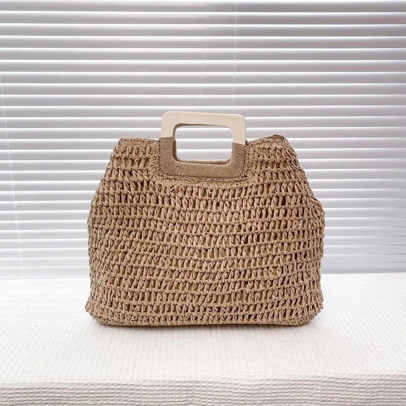 Summer Woven Straw Handbag Female Wooden Handle Bag Large Capacity Travel Beach Bag Fashion Style Totes Hollow out Tote Bolsa