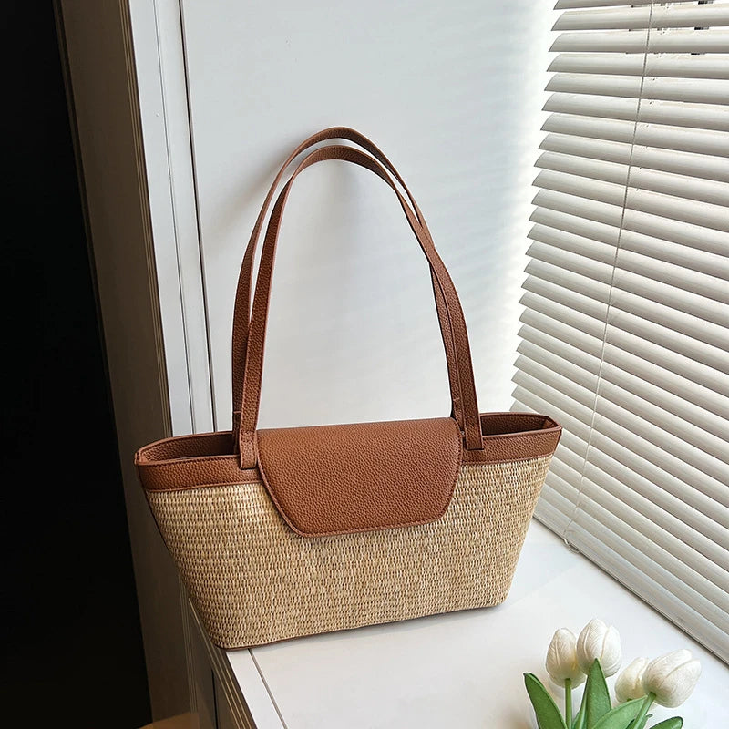 Fashion Women Shoulder Bag PU Woven Patchwork Stick Bag Large Capacity Tote Bag New Casual Woven Contrasting Color Handbag