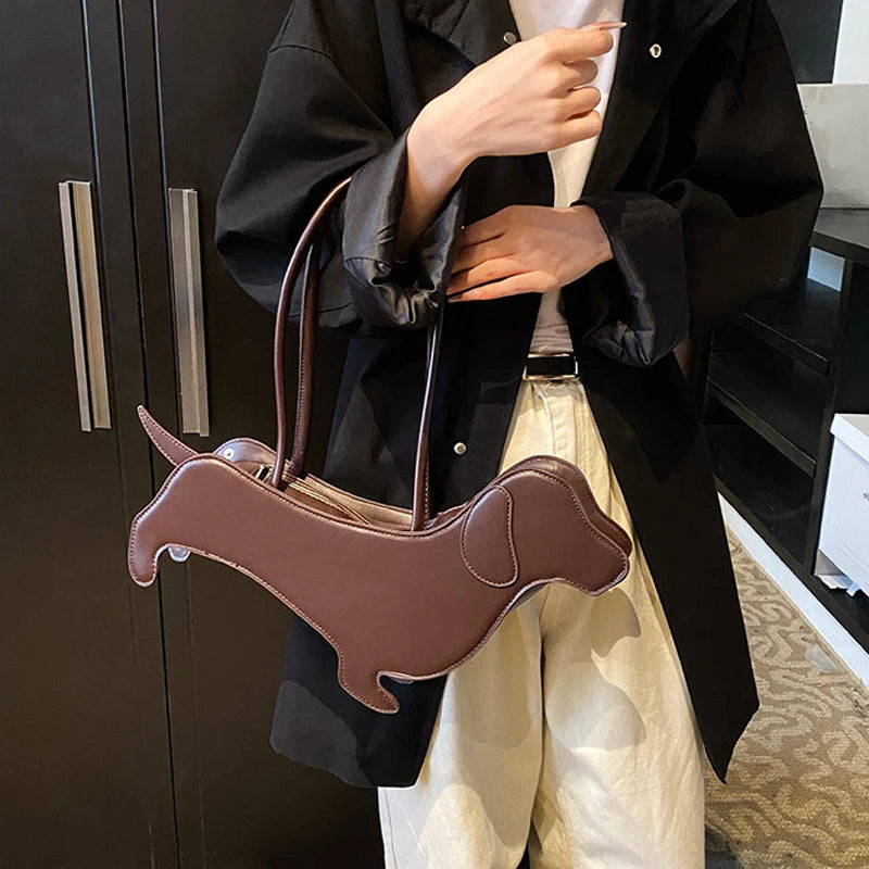 Three-dimensional Dachshund Shoulder Bag PU Leather Retro Handbag Design Underarm Bag For Women Trend Commut Bag