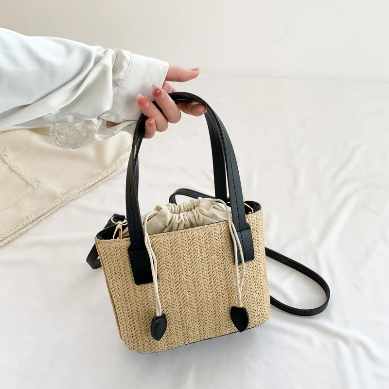 Knit Travel Bags Straw Woven Beach Bag Wrist Pack Women Handle Female Bucket Tote Bags Rattan Ladies Purses Handbag
