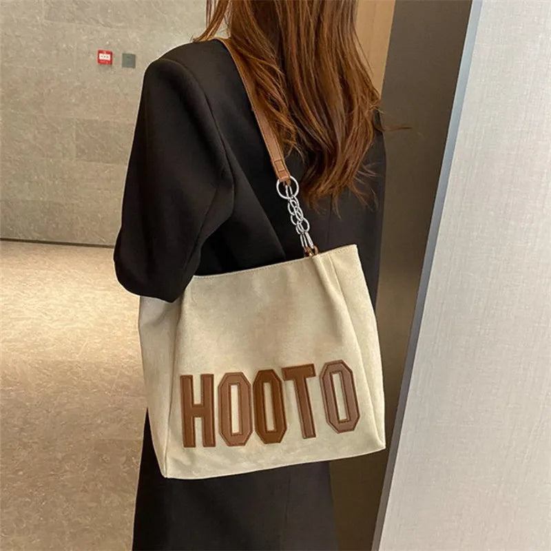Stylish Tote Bag, Nubuck Pu Letter HOOTO Design for Women Handbag Shoulder Bag, Large Capacity Nylon leisure Travel Shopping Bag