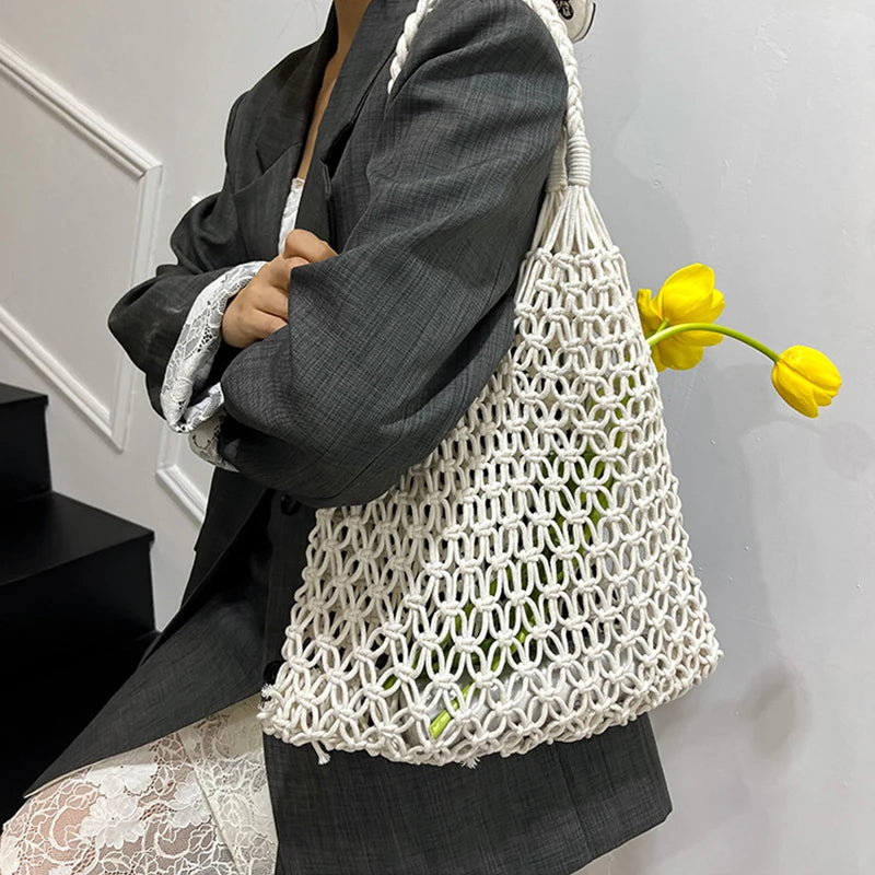 Hand-Woven Bag Women Handmade Hollow Handbag Female Shoulder Bag Big Capacity Summer Casual Travel Beach Tote Purse