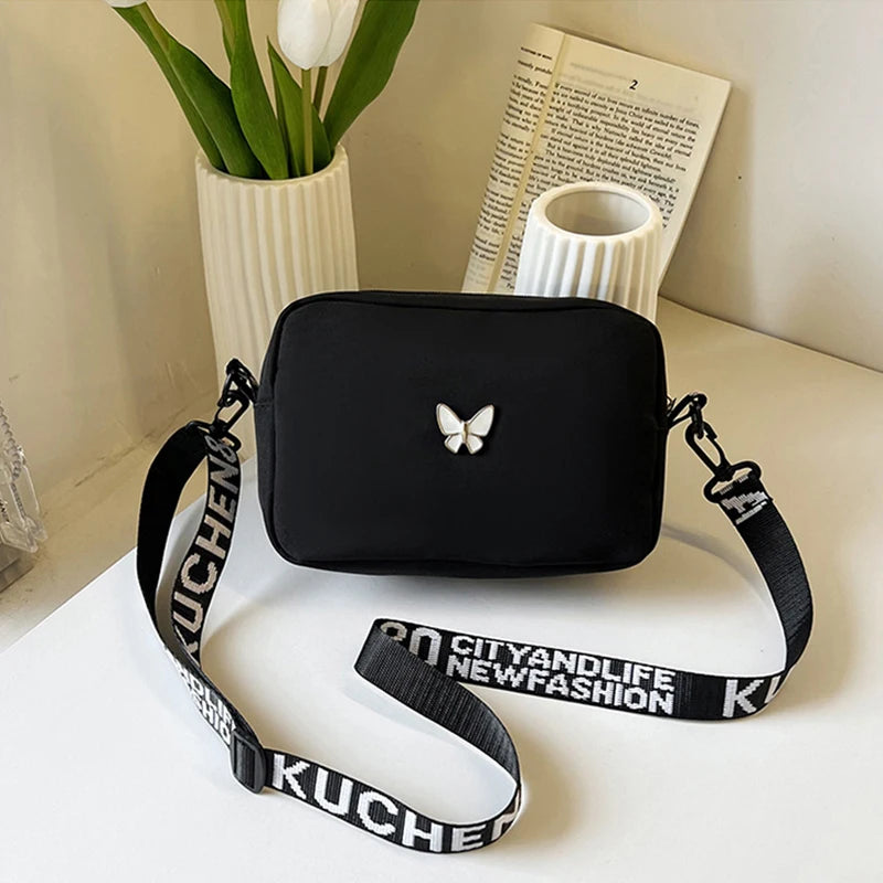 Black&white Shoulder Bag Durable Butterly Nylon Crossbody Bag Wide Belt Crossbody Bag Casual Small Sqaure Bag For Women