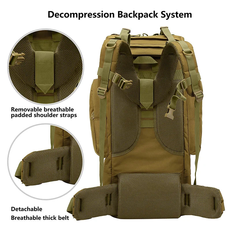 65L Large Capacity Waterproof Outdoor Hking Backpack Tactical Hunting Camping Rucksack Rain Cover Mountaineering Climbing Bags