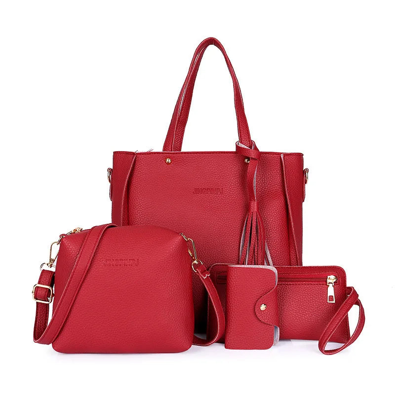 4pcs/set Tassel Bucket Women's Handbag Stylish Crossbody Bag Clutch and Wallet, Solid Color PU Shoulder Bags for Women Daily Use
