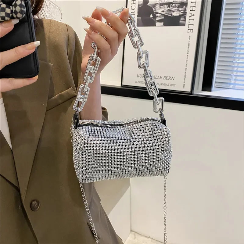 Full Version Rhinestone Bucket Tote Bag, Stylish Sparkling Chain Ball Pillow Shoulder Bag, Women's Mini Hand-Held Crossbody Bag