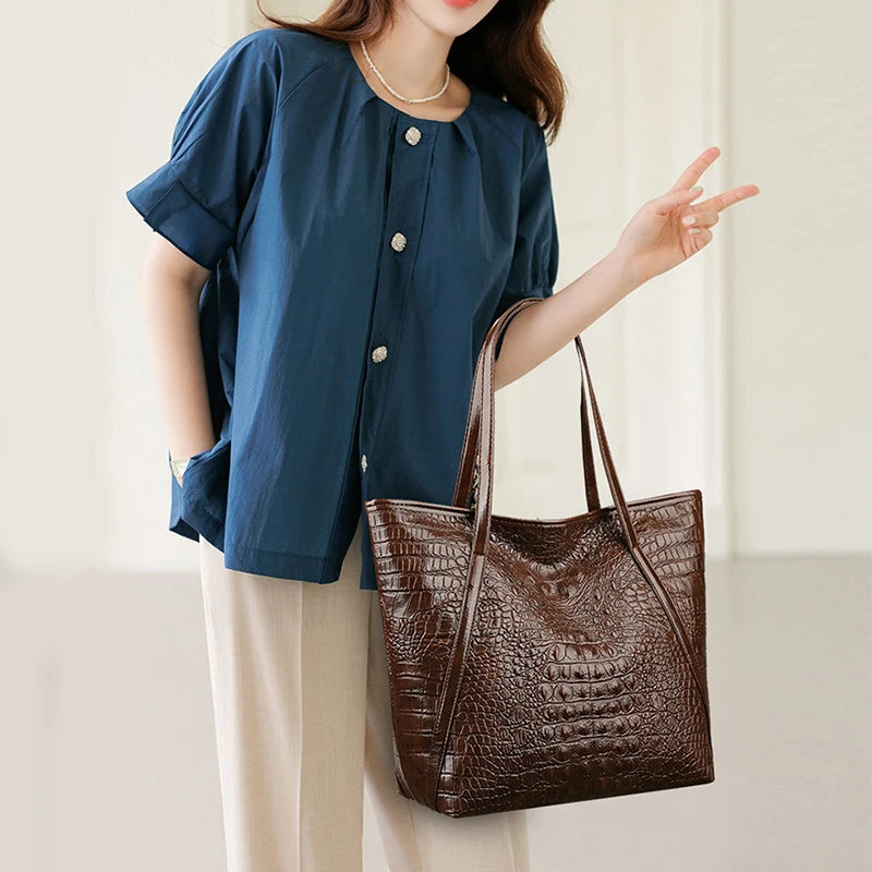 Simple Versatile Crocodile Print Tote Bag Large Capacity Fashion Handbag Vintage Design Shoulder Women's Bag