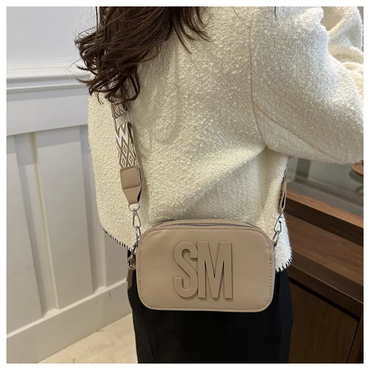 Stylish Versatile Women Single Shoulder Bag, SM Letter Pu Leather Small Square Bag, Leisure Wide Shoulder Strap Cross Body Bags
