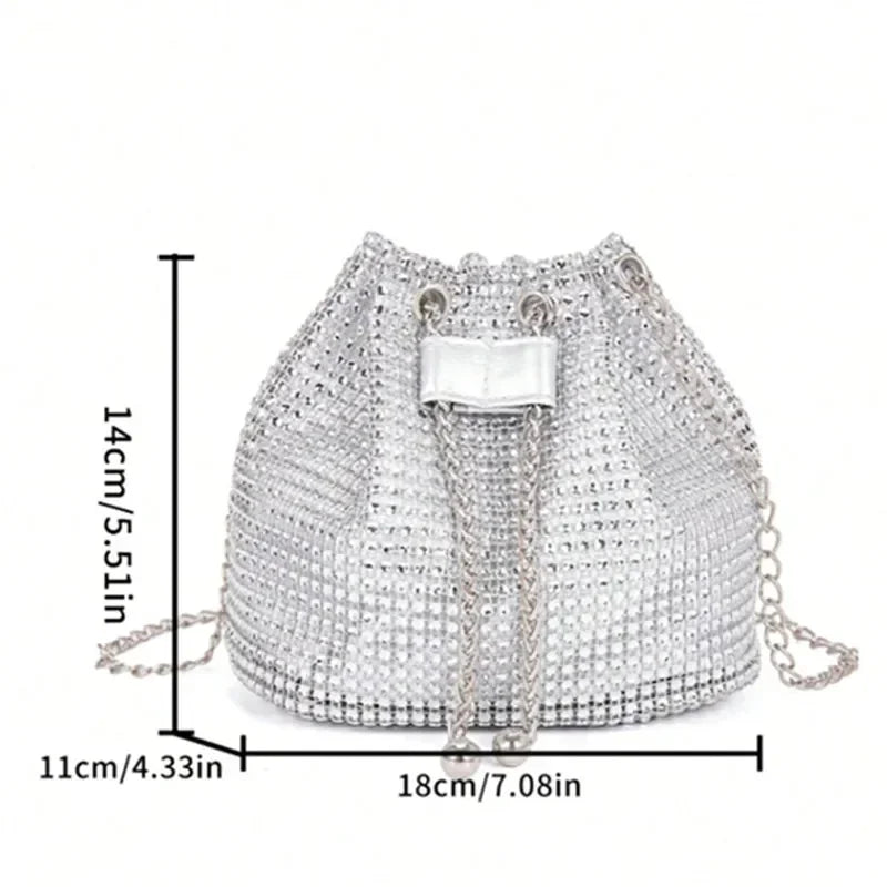 Charming Rhinestone Dinner Bag Sparkling Drawstring Chain Bucket Shoulder Crossbody Bags for Women Daily Christmas Party Banquet