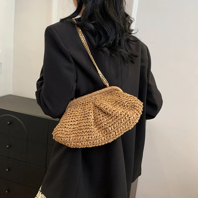 Straw Dumpling Clutch Bag Woven Straw Tote Clutch Purse For Women Summer Beach Bag Wicker Clutch Straw Purses For Women