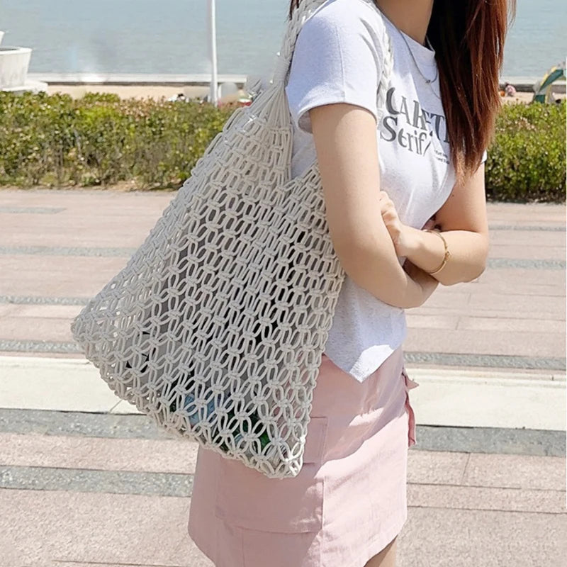 Women Bag Bucket Cotton Beach Bag Bag Casual Hollow Out Solid Soft High-Capacity Shoulder Bag Travel Handbag